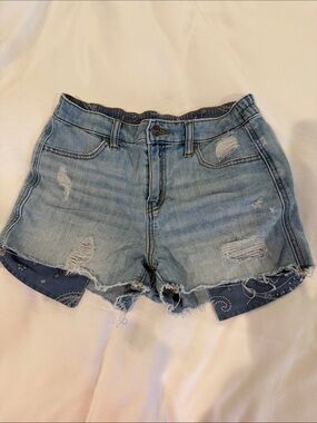 aerie Faded Light Blue Distressed Denim Shorts with Bandana Hem